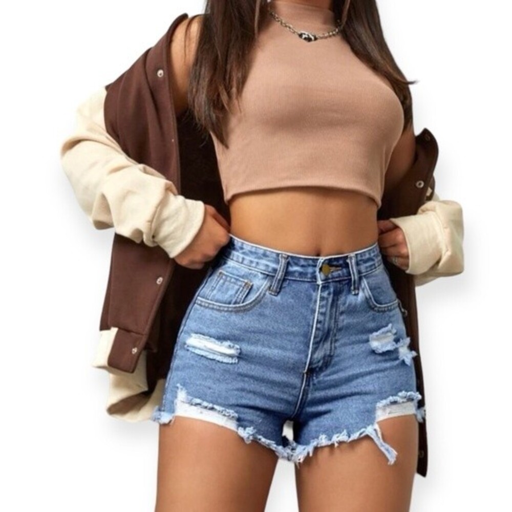 SHEIN Medium Wash Distressed High Rise Denim Shorts